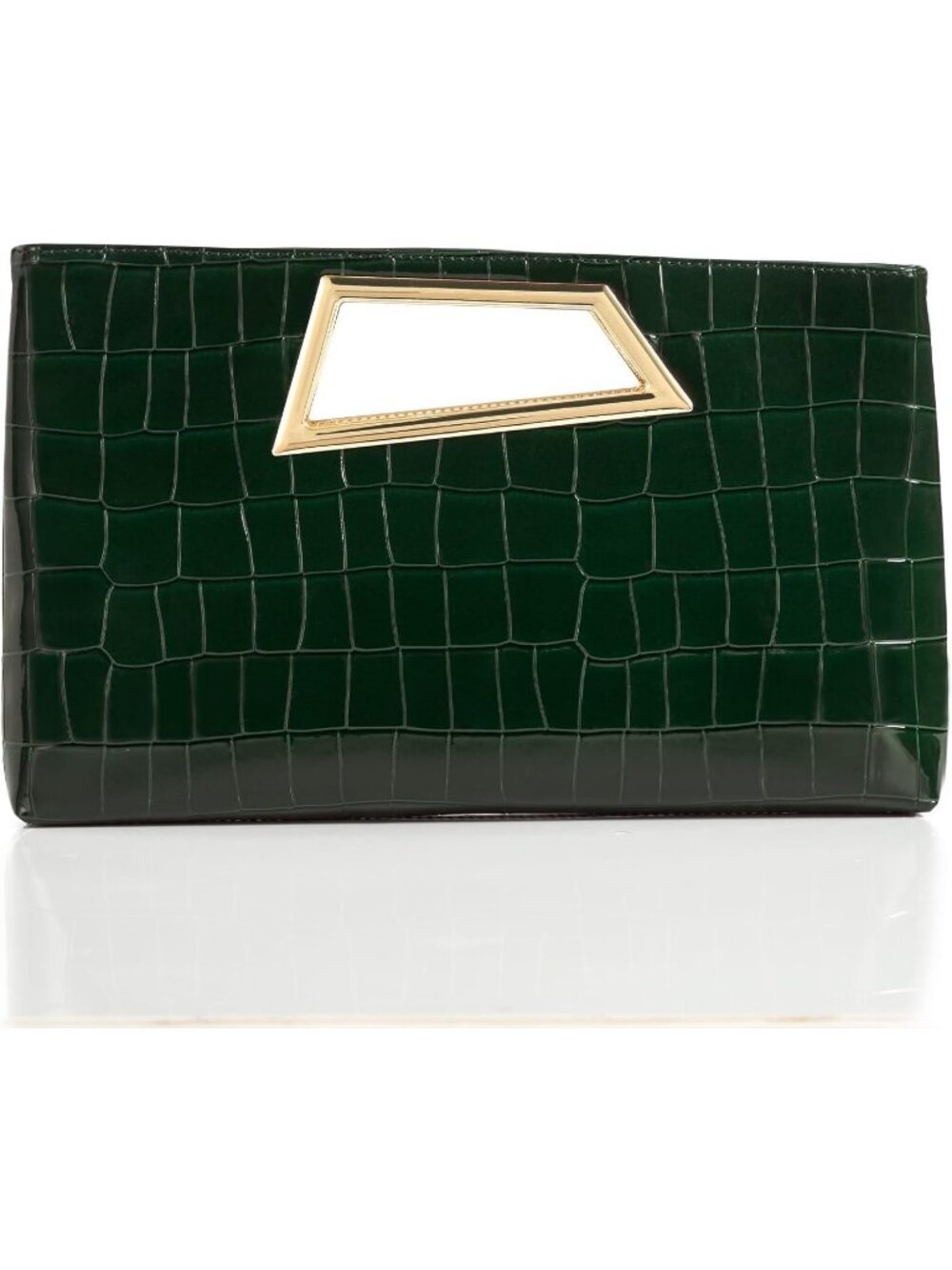 Women's Green Pu Leather Clutch Metallic Geo Top Handle Evening Bag Party